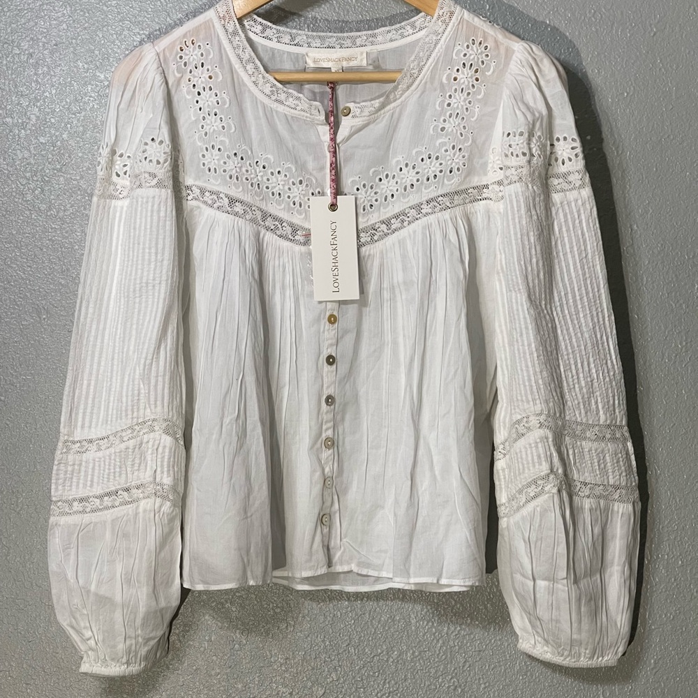 NWT LoveShackFancy Badyn Lace Inset Blouse True White - Size XS - Picture 2 of 7